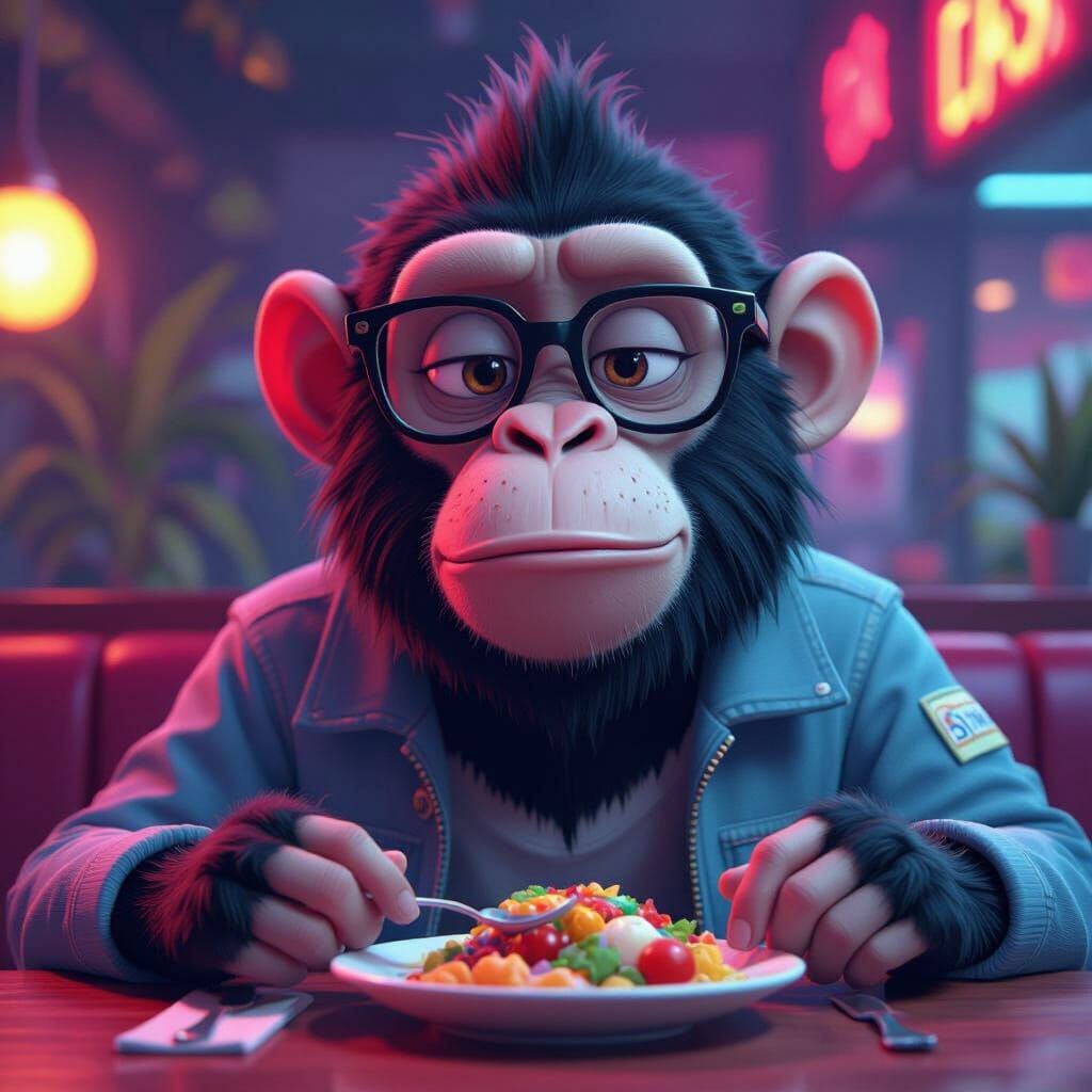 Stylized 3D Animated Ape Enjoying a Meal