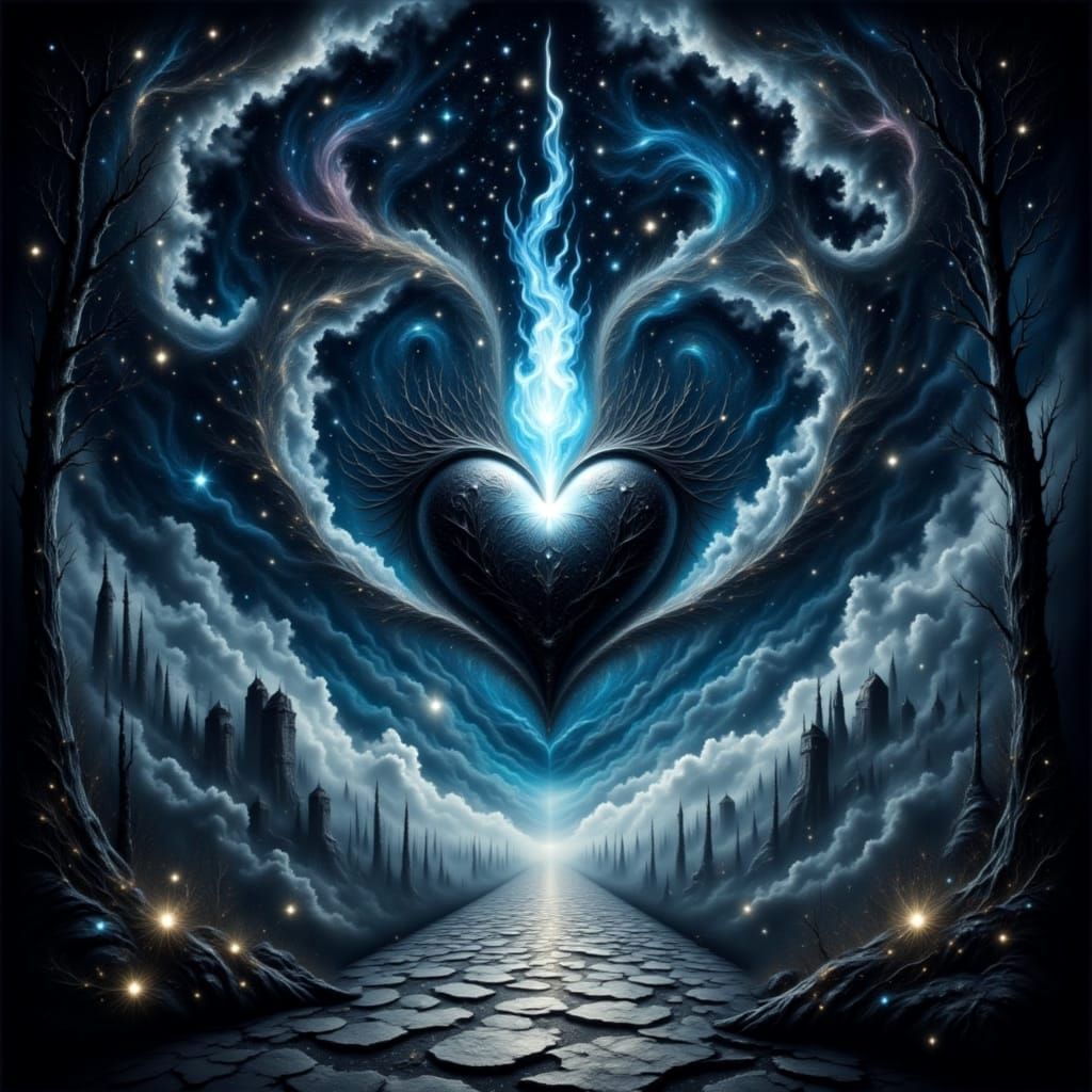 Swirling Celestial Heart in Dark Gothic Hall