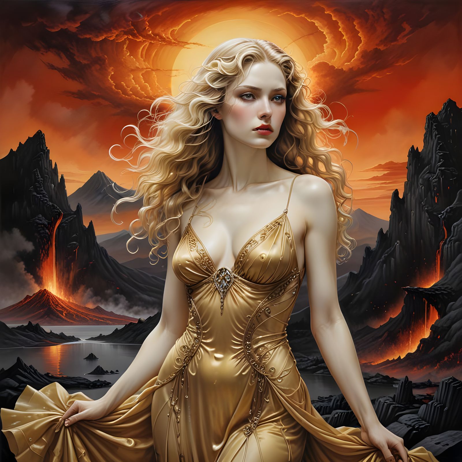 Gothic Italian Siren Amidst Dark Volcanic Landscape