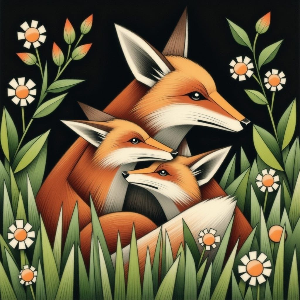 Foxes Cuddling in Meadow: Charcoal and Gouache Style