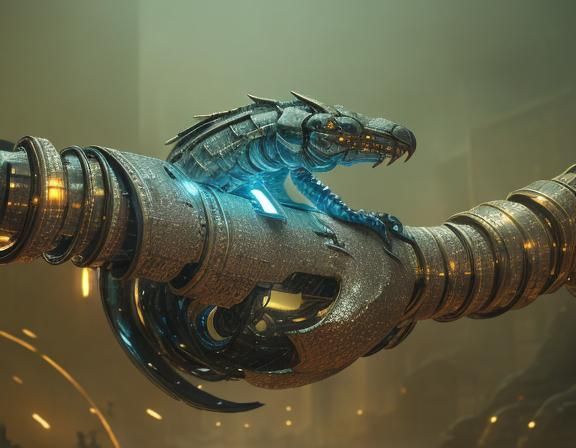 Steampunk Cyber Snake in Misty Cityscape