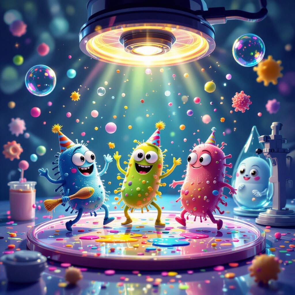 Whimsical Microscopic World in Pixar Cartoon Style