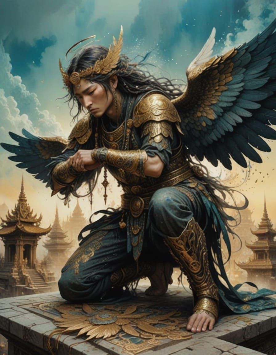 Fantasy Angel with Tattoos in Golden Pointillism