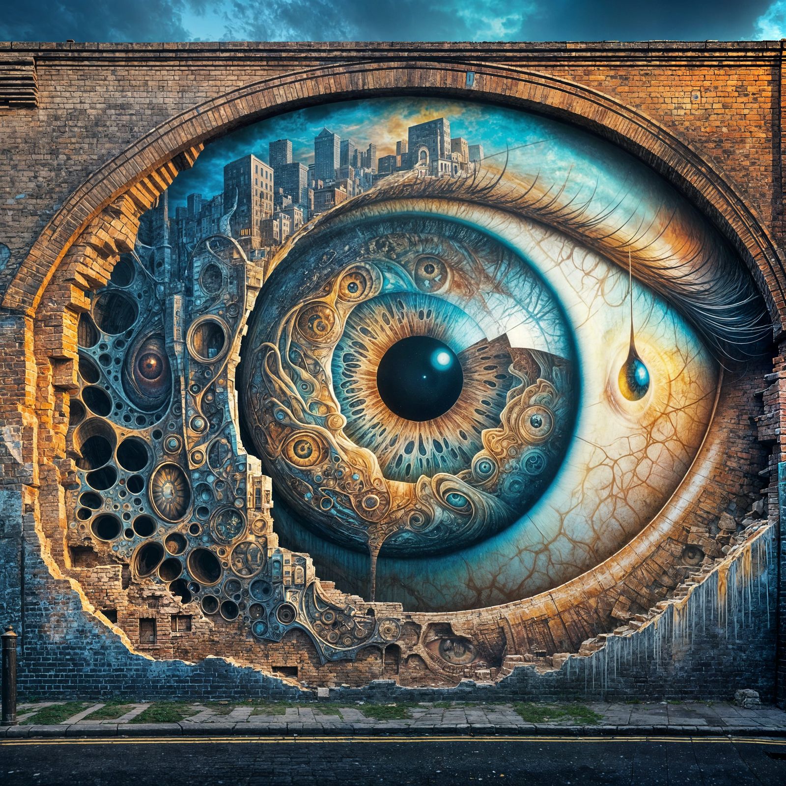 Psychedelic Eye Mural with Cityscape Iris