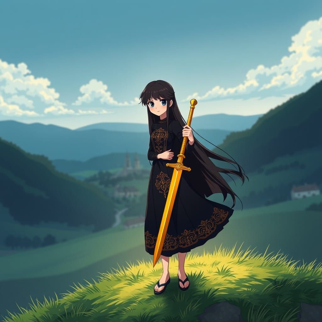 Girl with Golden Sword in Anime Style