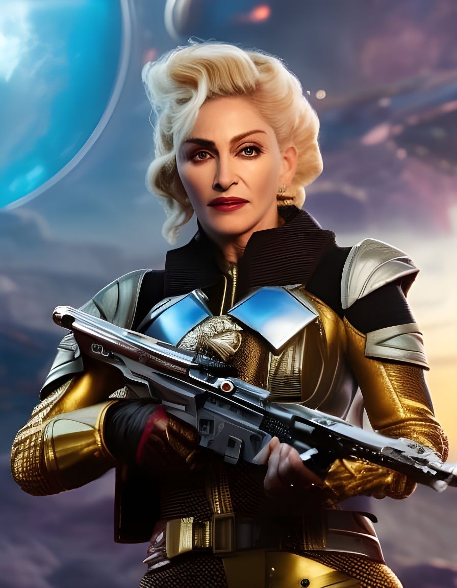 Portrait of Madonna as space pirate Bo-Katan kryze from disney movie "Pirates of the space".  Intricate _details. Elabor...