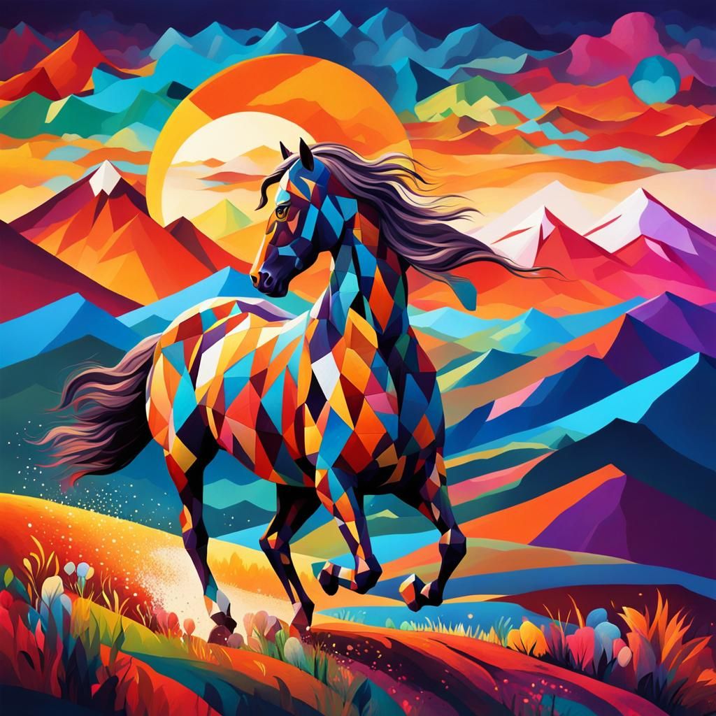 Vivid Modern Art Horse Galloping at Sunrise