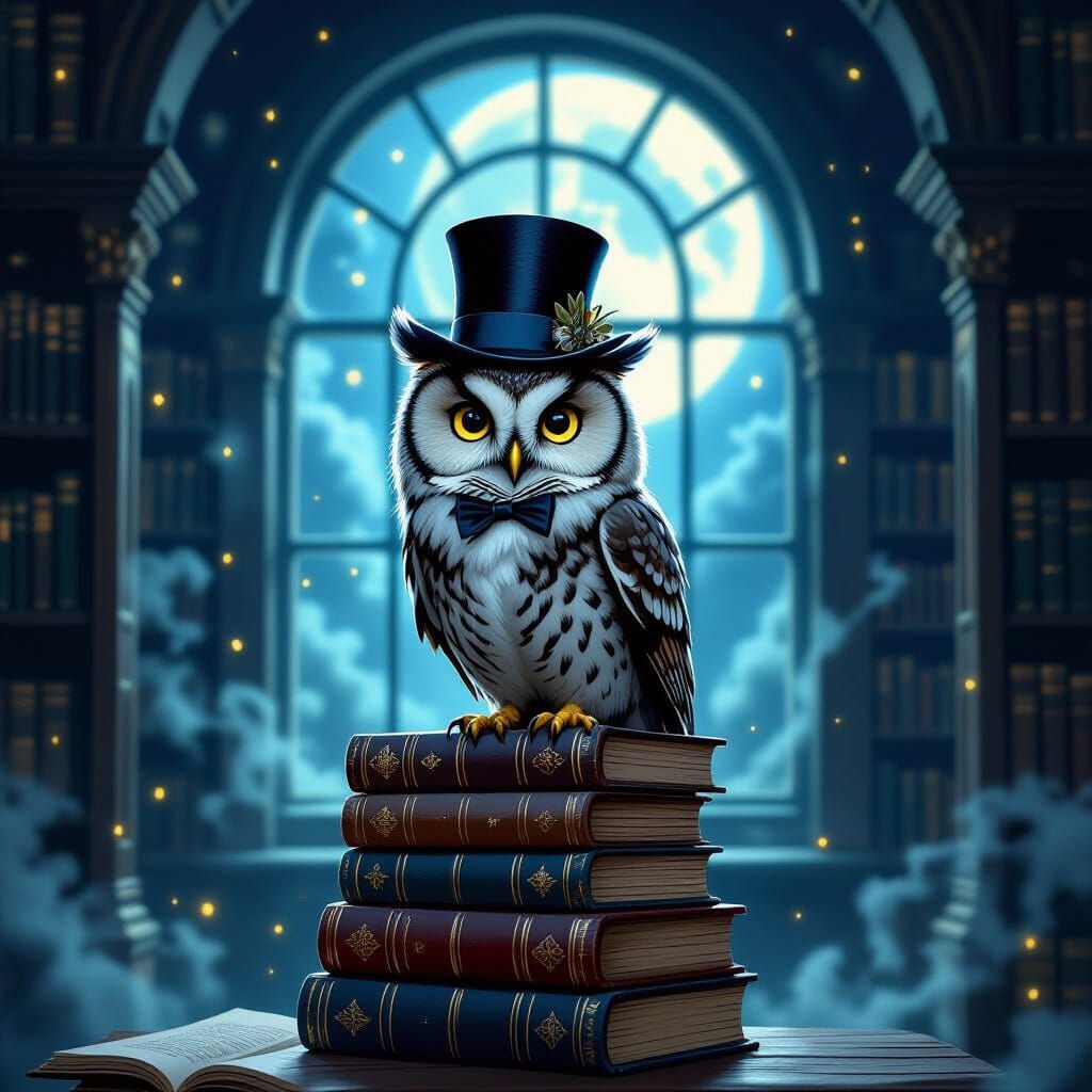 Whimsical Owl in Library, Detailed Airbrush Art