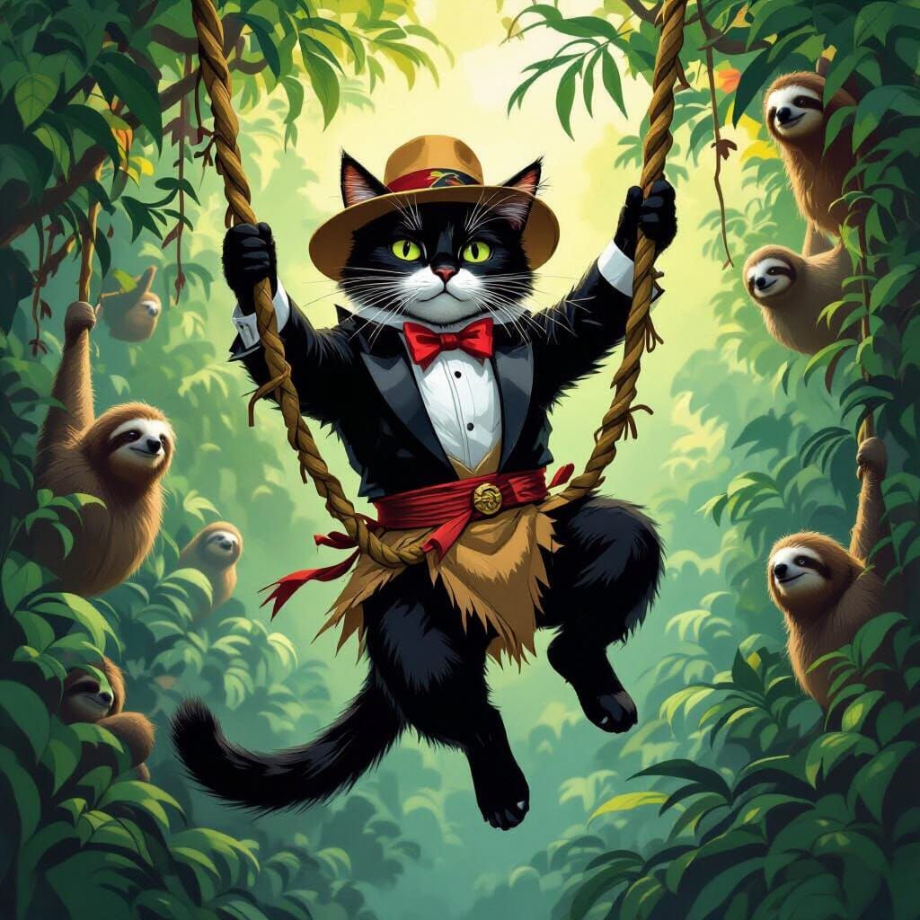 Tuxedo Cat as Tarzan in Lush Jungle