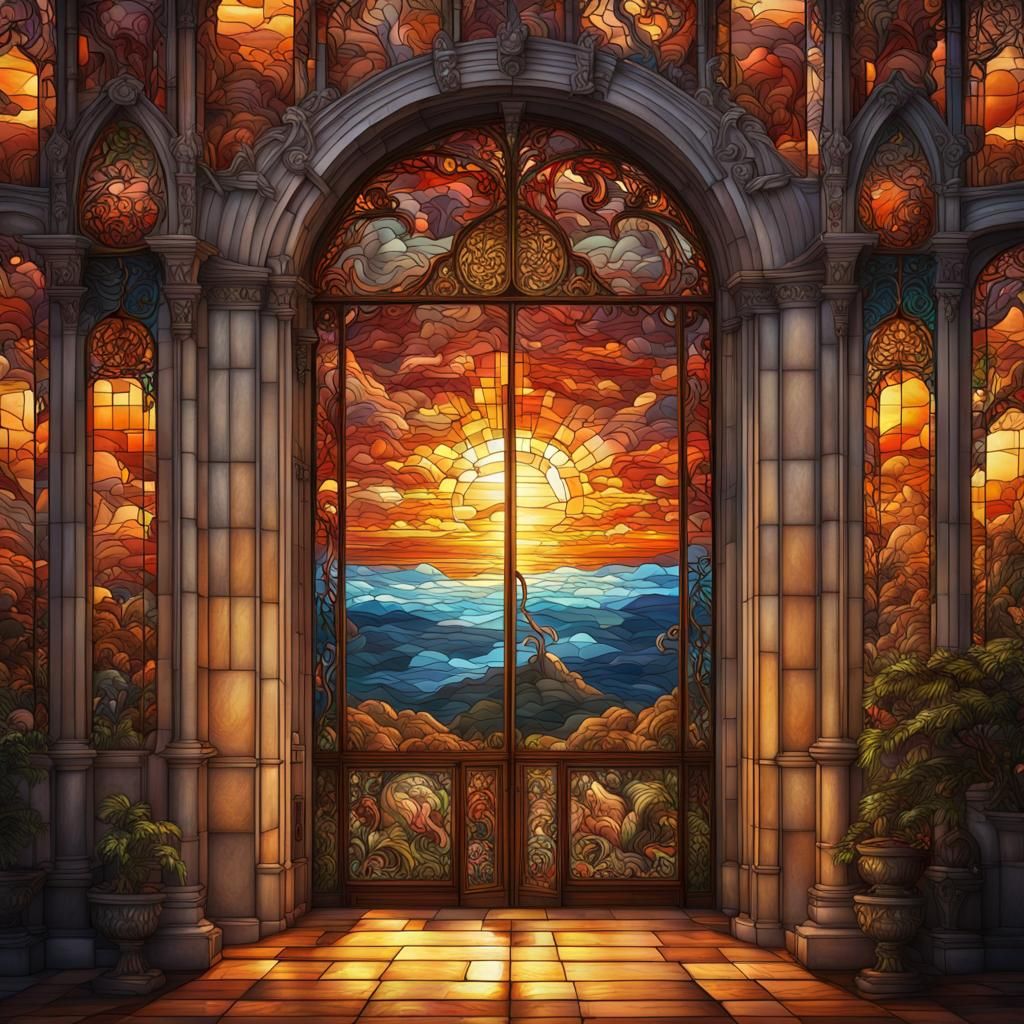 Pegasus Flies Through Stained-Glass Doorway at Sunset