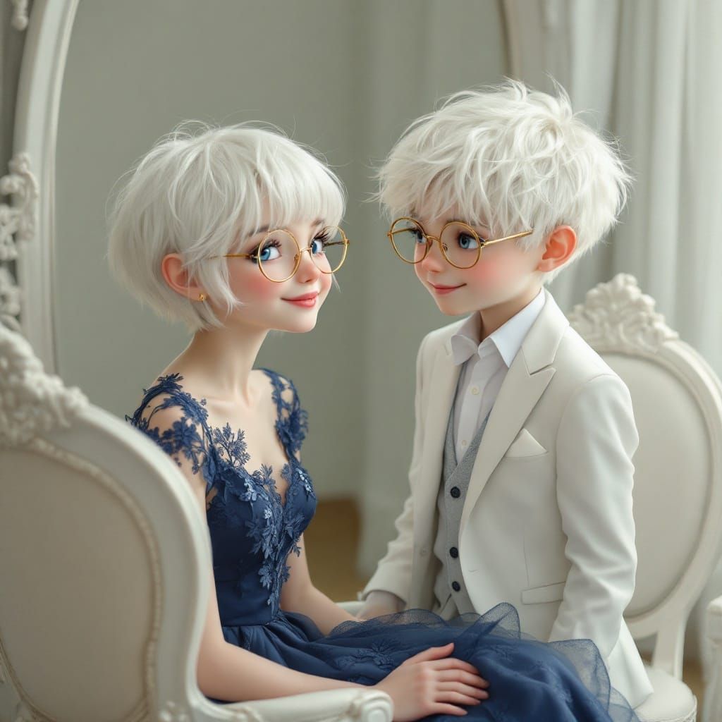 Albino Teenage Girl in Navy Lace Dress with Golden Glasses