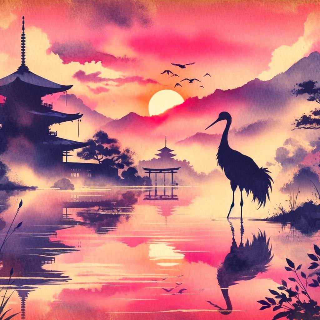 Japanese Crane Silhouette in Watercolor Sunset Scene