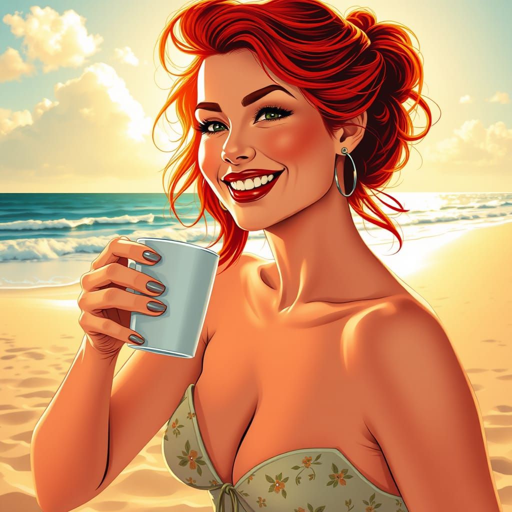 Red-Haired Woman Sips Coffee on Florida Beach in Springtime ...