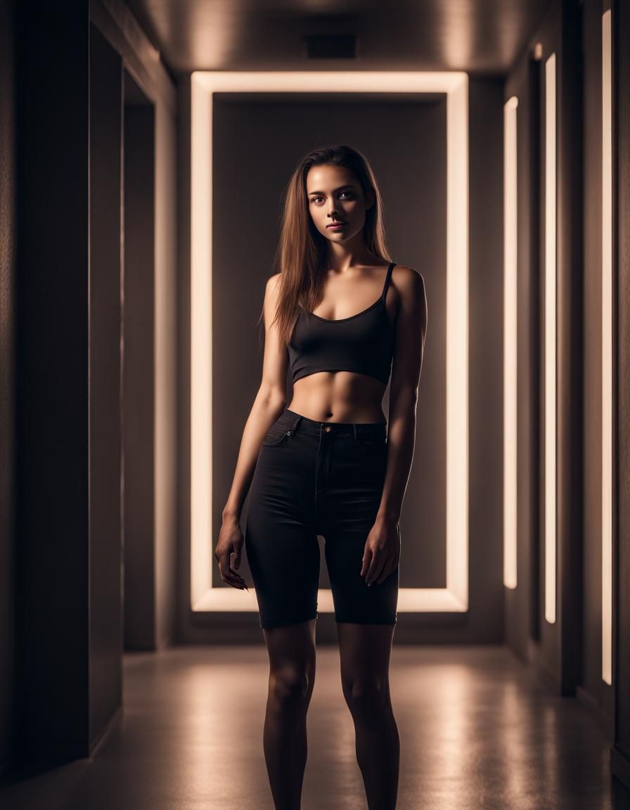 Girl Smiling in Minimalist Room: Hyperrealistic Image