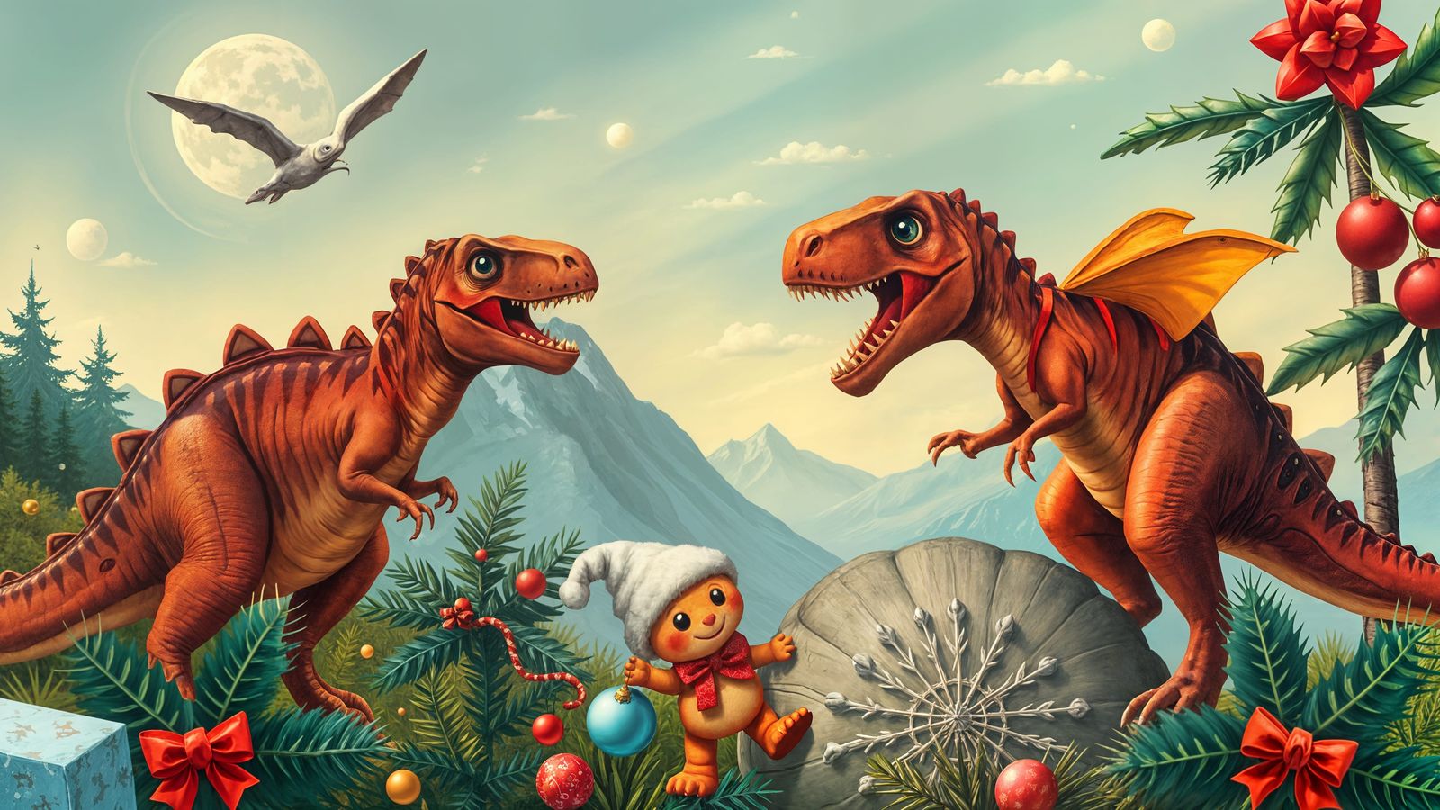 Dinosaurs Celebrate Christmas in a Futuristic Metropolis