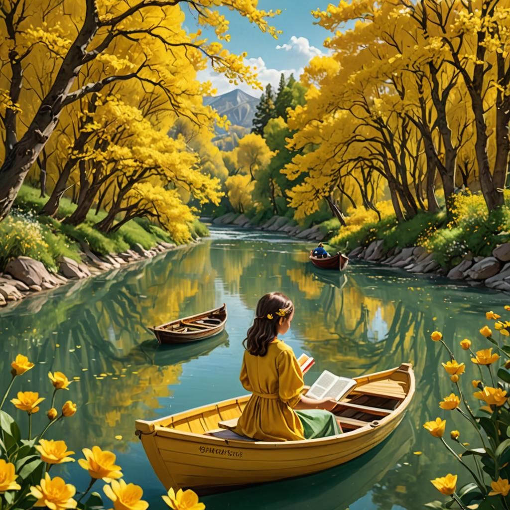 Golden River Scene with Girl Reading