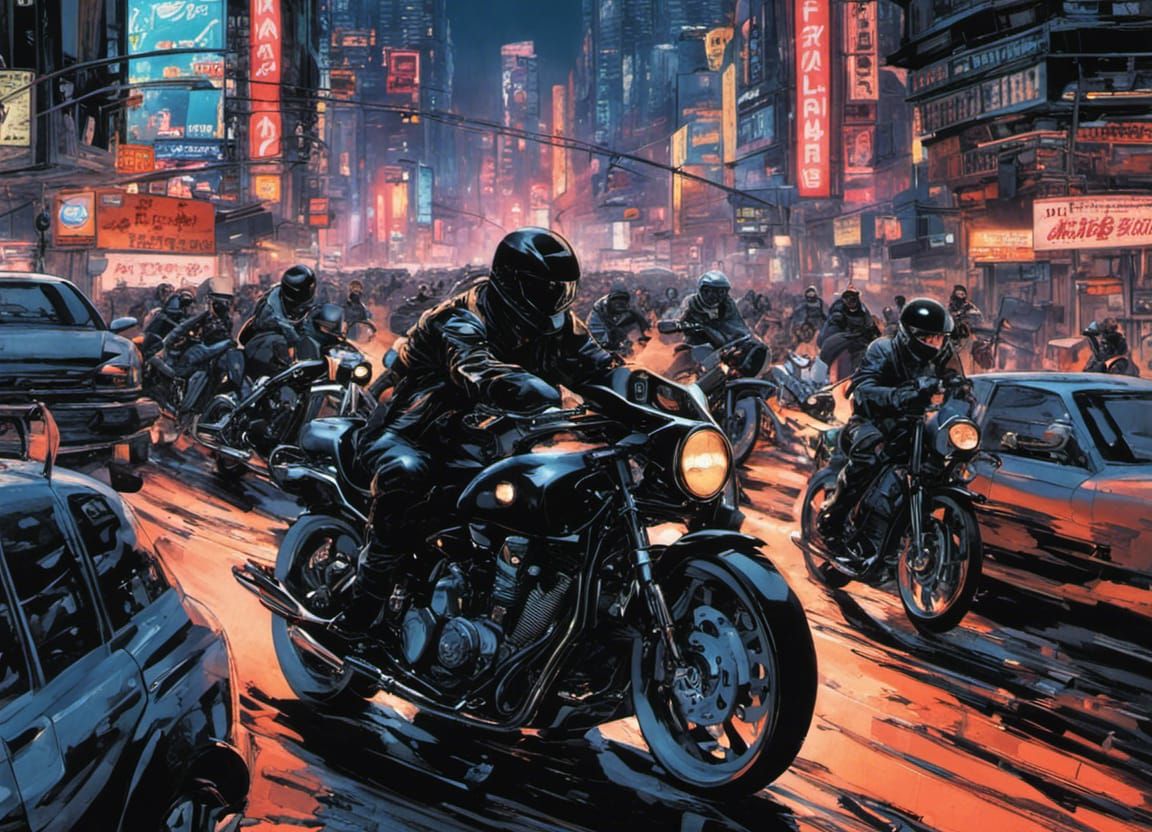 Cyberpunk Bikers Racing Through Neon City
