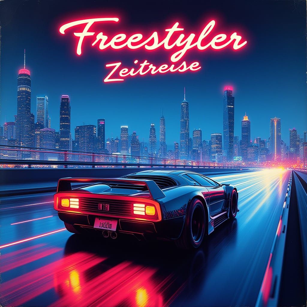 Retro-Futuristic Vinyl Record Sleeve in Neon-Lit Cityscape