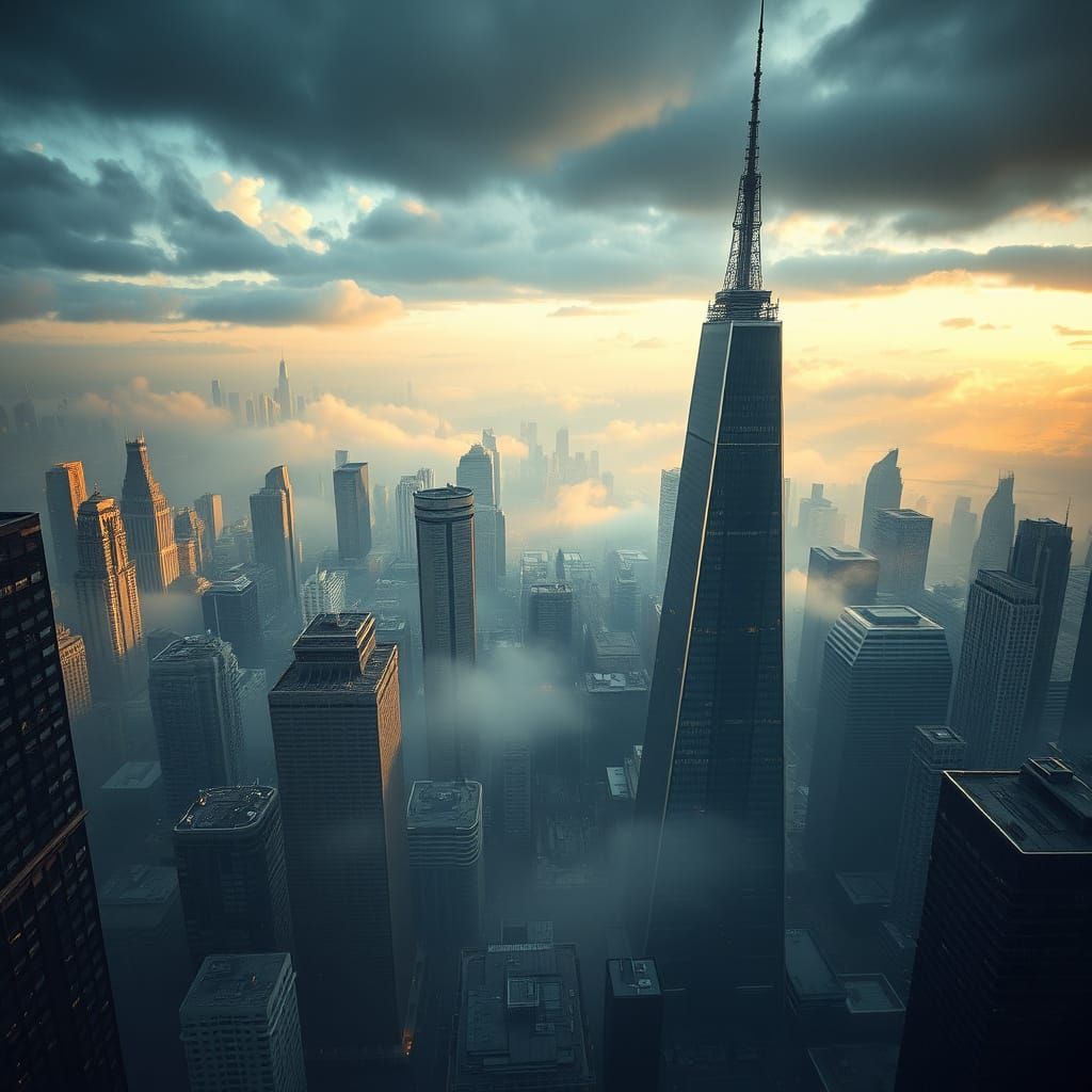 Surreal Urban Landscape with Towering Skyscrapers and Open S...