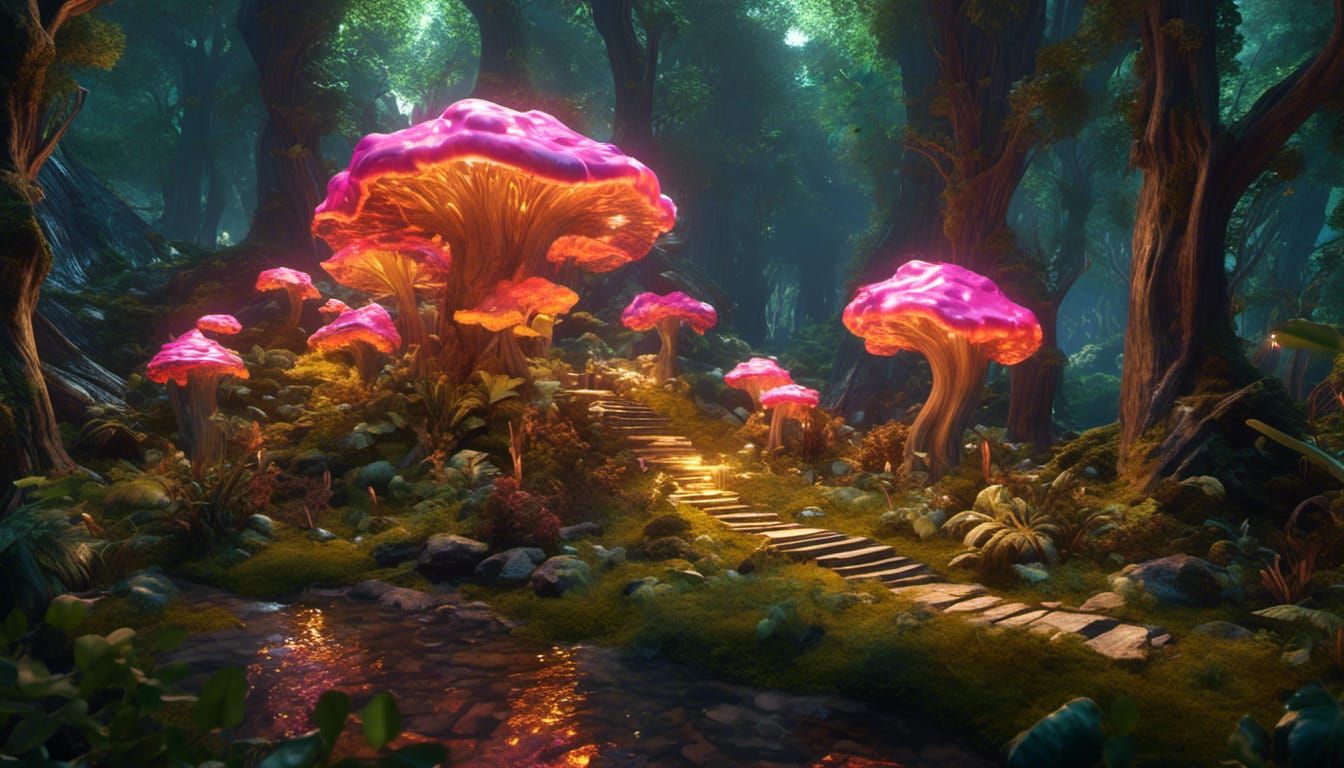 Pugs Stroll Through a Glowing Mushroom Forest