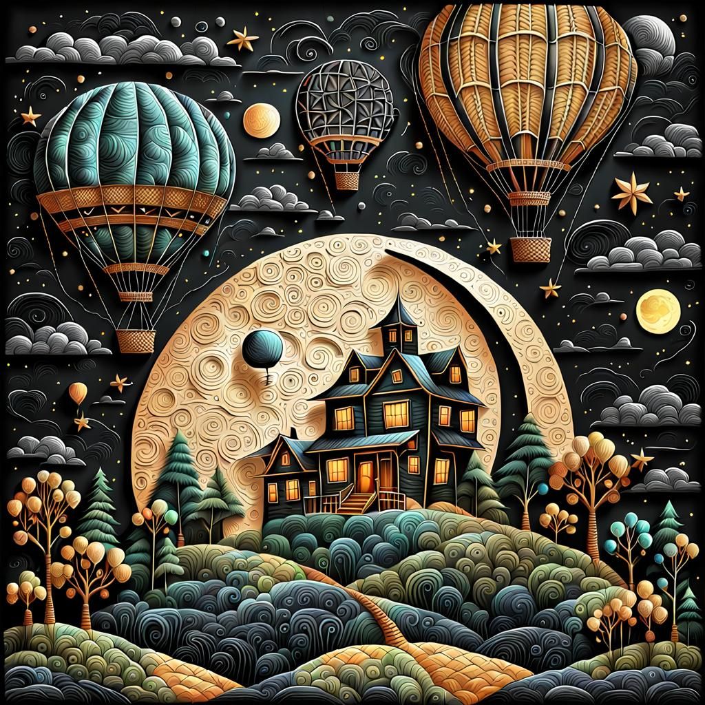 Moon Balloon in Trapunto Folk Art Style