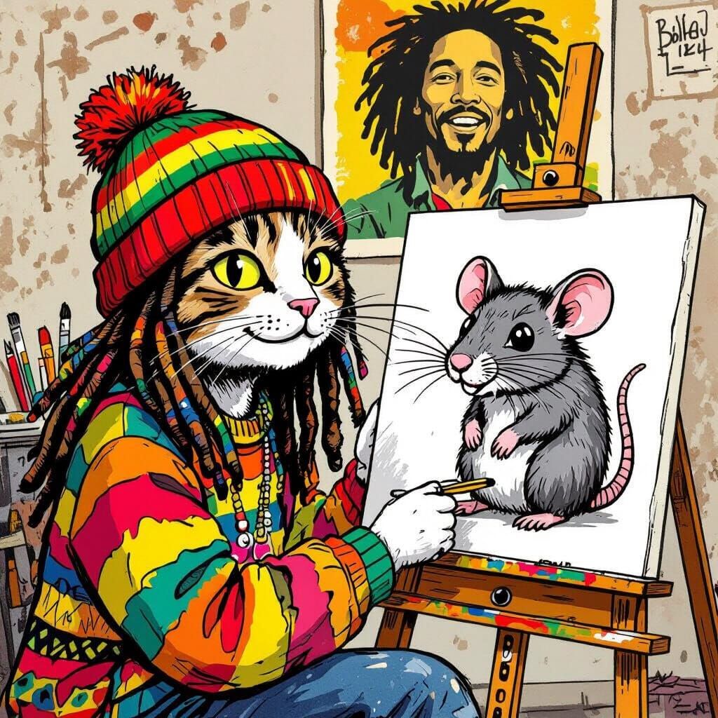 Cat Artist's Playful Rat Portrait in Storybook Style