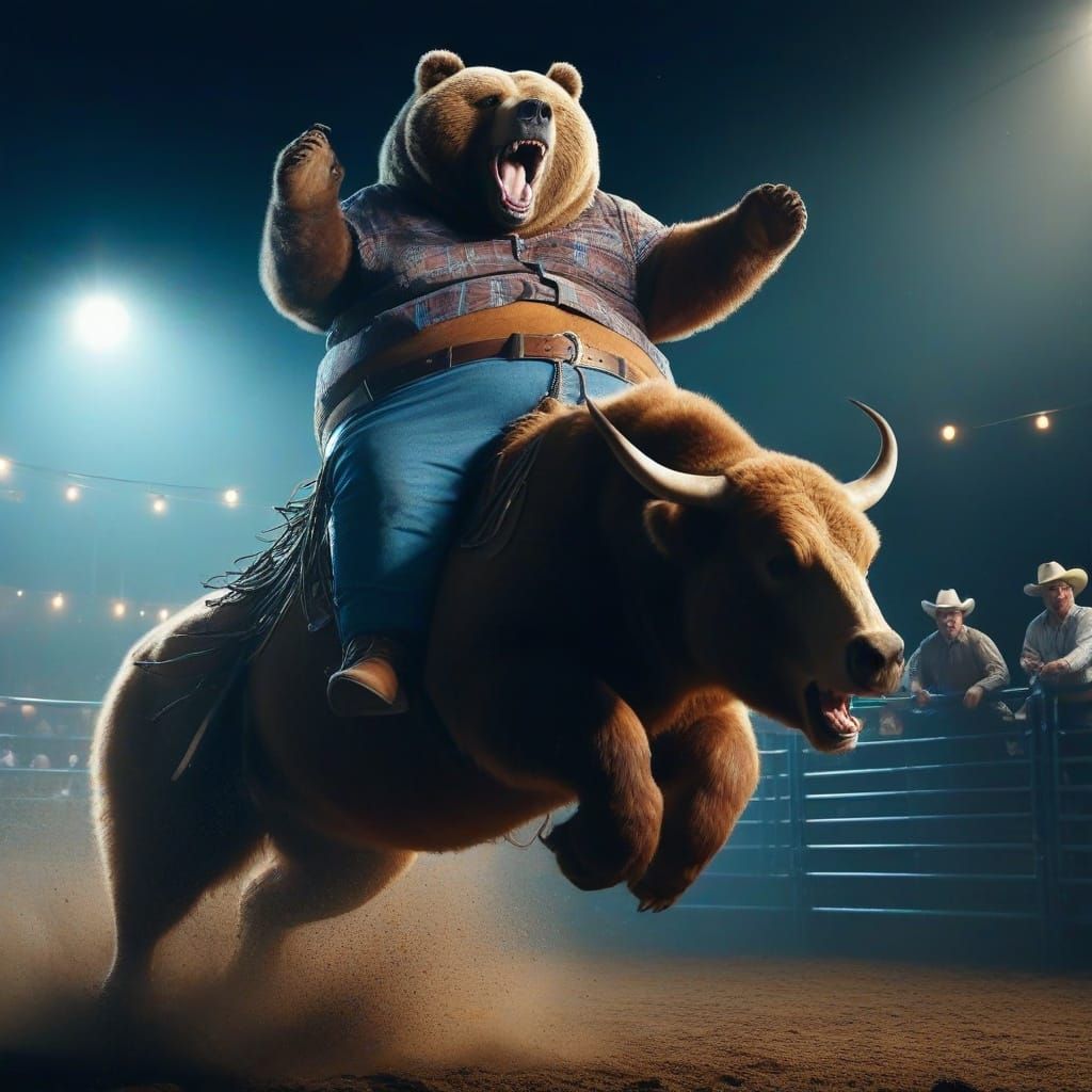Grizzly Bear Cowboy Rides Bucking Bronco