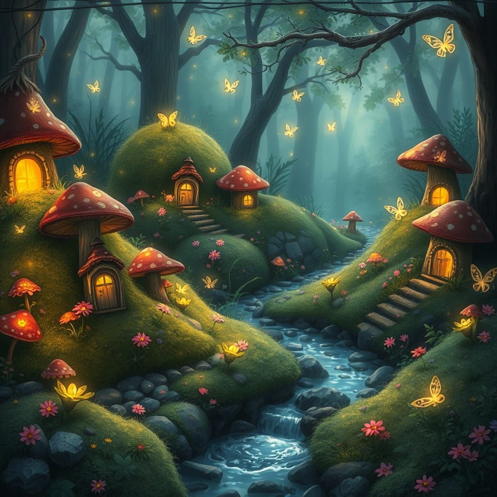 Enchanted Forest Garden with Mushroom Cottages and Faeries