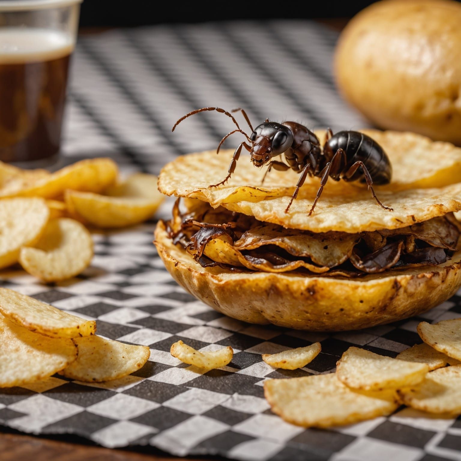 Macro Photo of Ant Lifting Potato Chip at Picnic