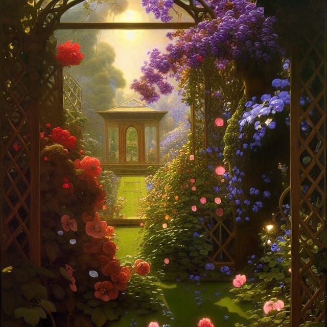 Exquisite Garden Trellis with Flowers in Digital Art Style