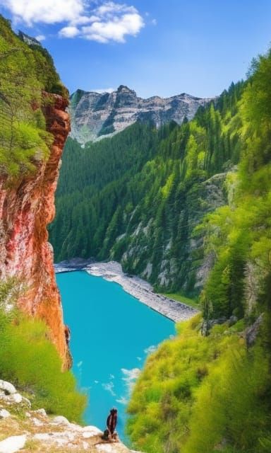 Mountain Hiking Trail with Waterfalls in Watercolor Style