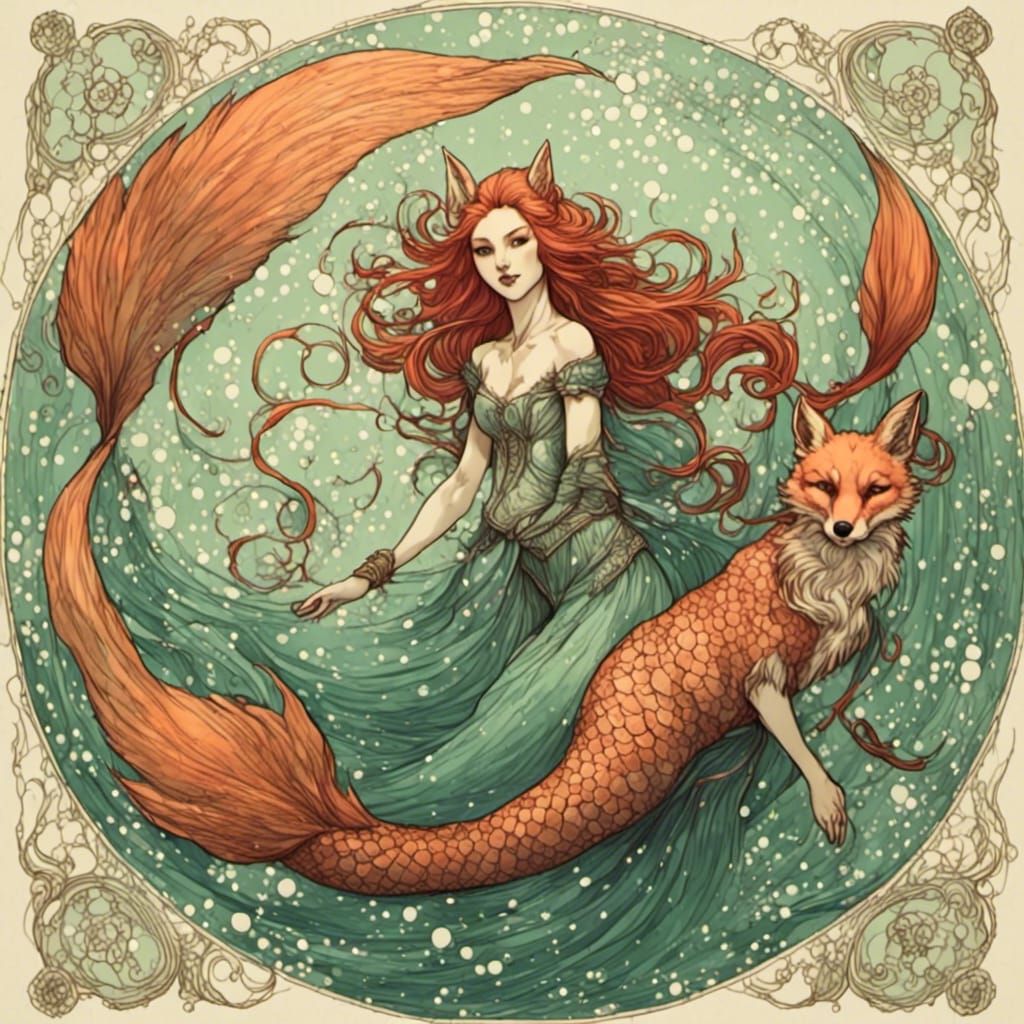 Mermaid-Fox Hybrid Creature in Whimsical Style
