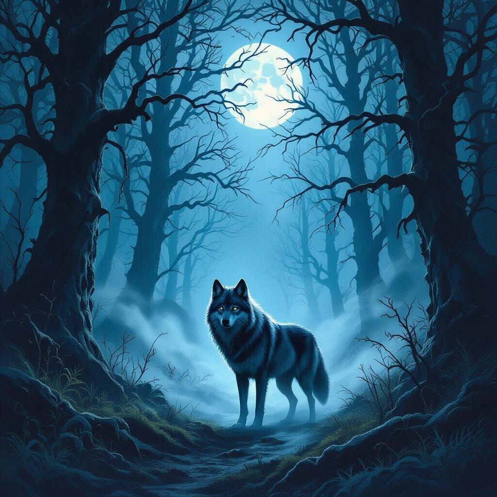 Majestic Wolf Lost in Ethereal Moonlight Forest