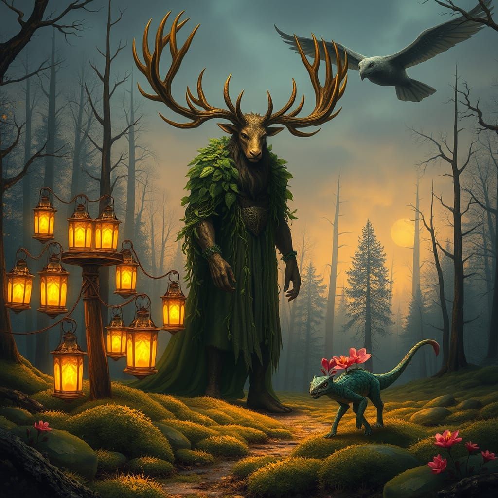 Antlered Deity in Enchanted Forest with Lanterns