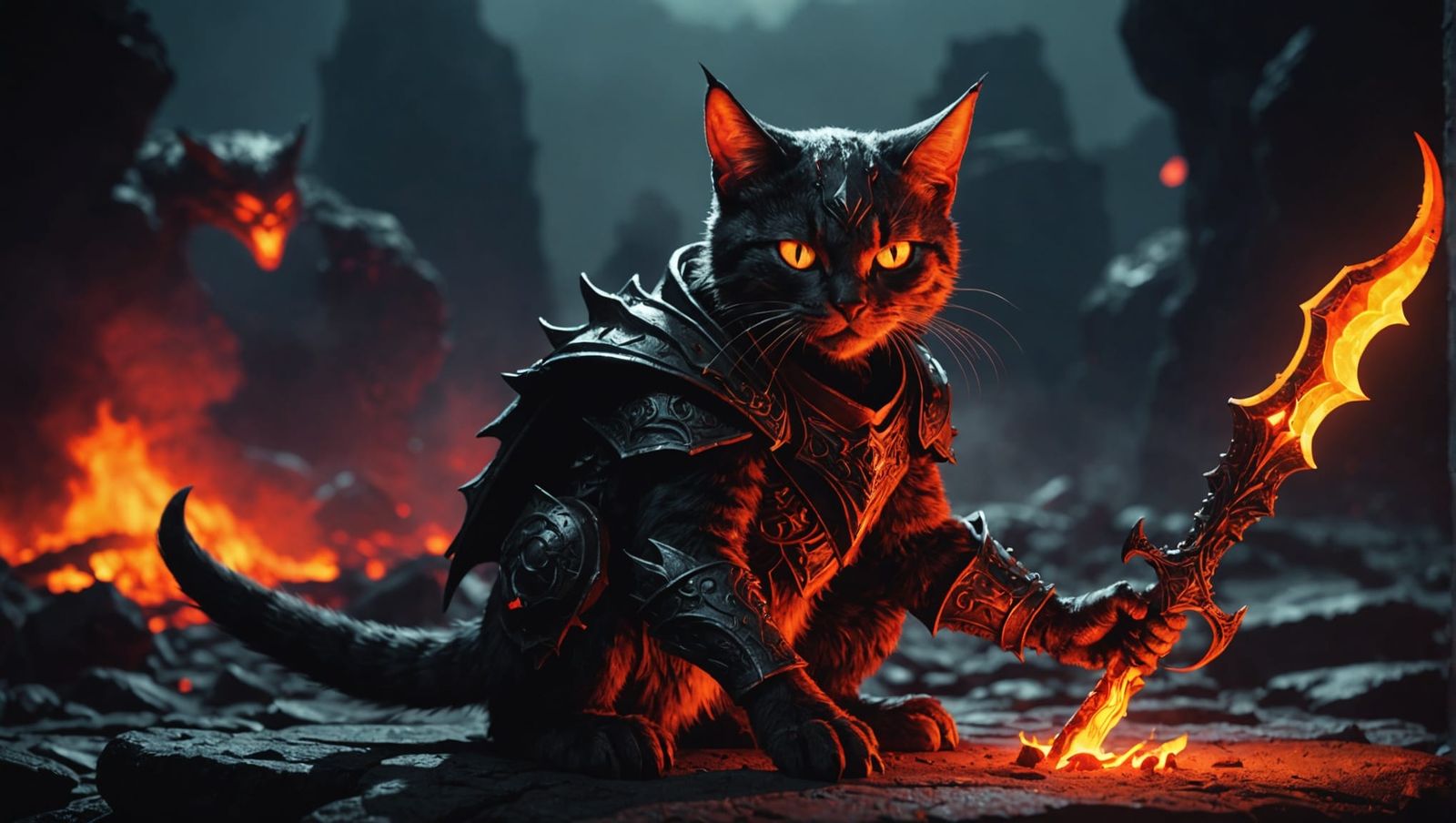 Diablokitten game mephisto , dark game theme, Boss kitten from diablo2 game. Fire and lava in background.  red moon