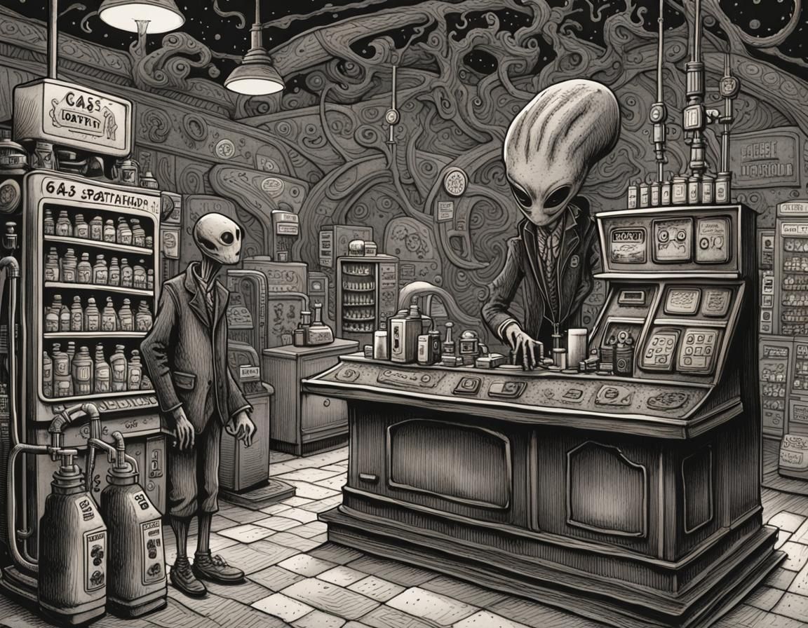 Alien Gas Station in Edward Gorey Style