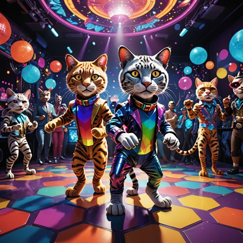Retrofuturistic Felines Groove in 3D Disco Scene