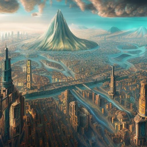 Hyperrealistic Mesopunk City Landscape in Digital Art