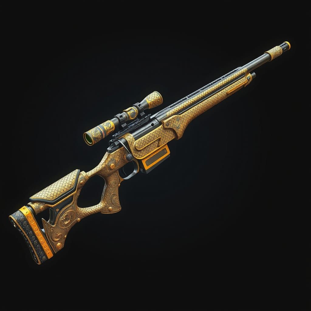 Cyberpunk Sniper Rifle with Golden Serpent Scales and Glowin...