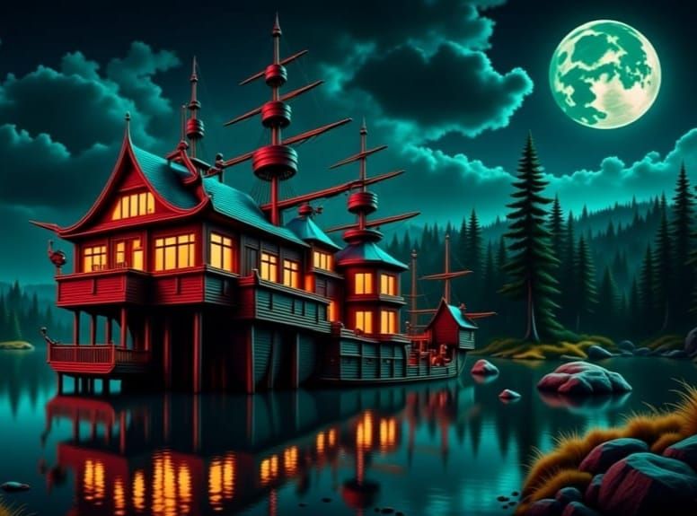 Surreal Houseboat Landscape in Vibrant Colors