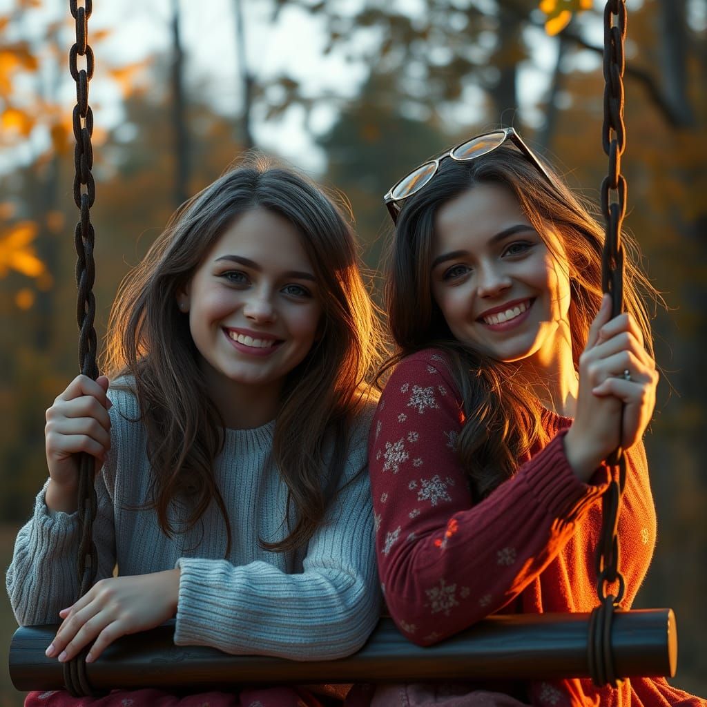 Smiling Sisters on a Swing, Hyperdetailed Portrait