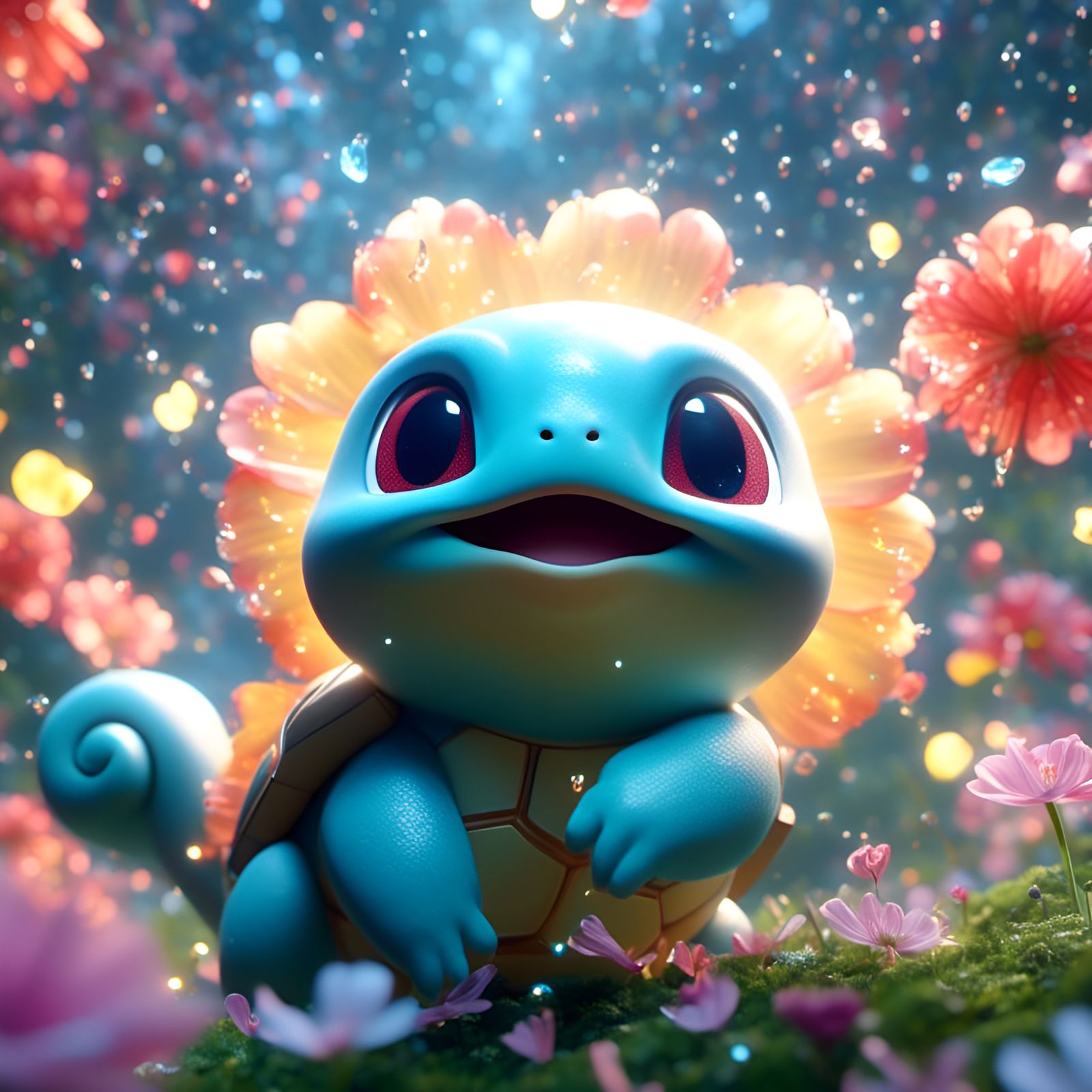 Adorable Squirtle Smells a Magical Flower in Pixar Style