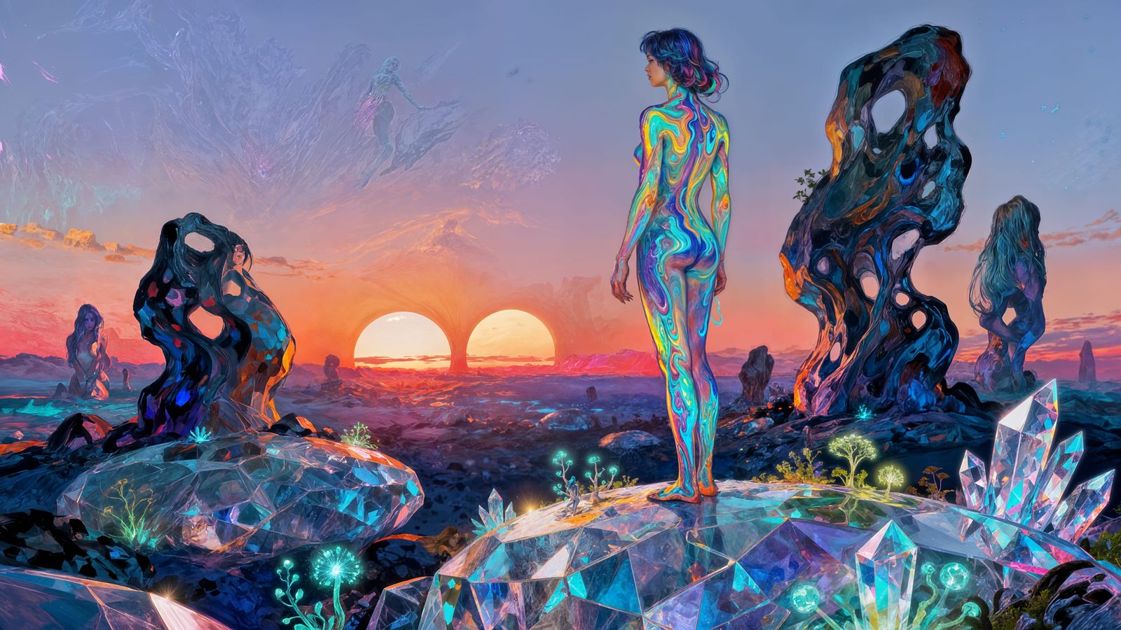 Bioluminescent Woman on Crystalline Planet Under Binary Suns...