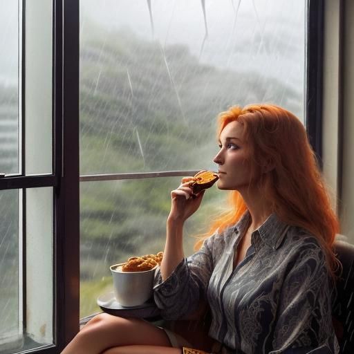 Woman Enjoys Cookies During Beautiful Storm