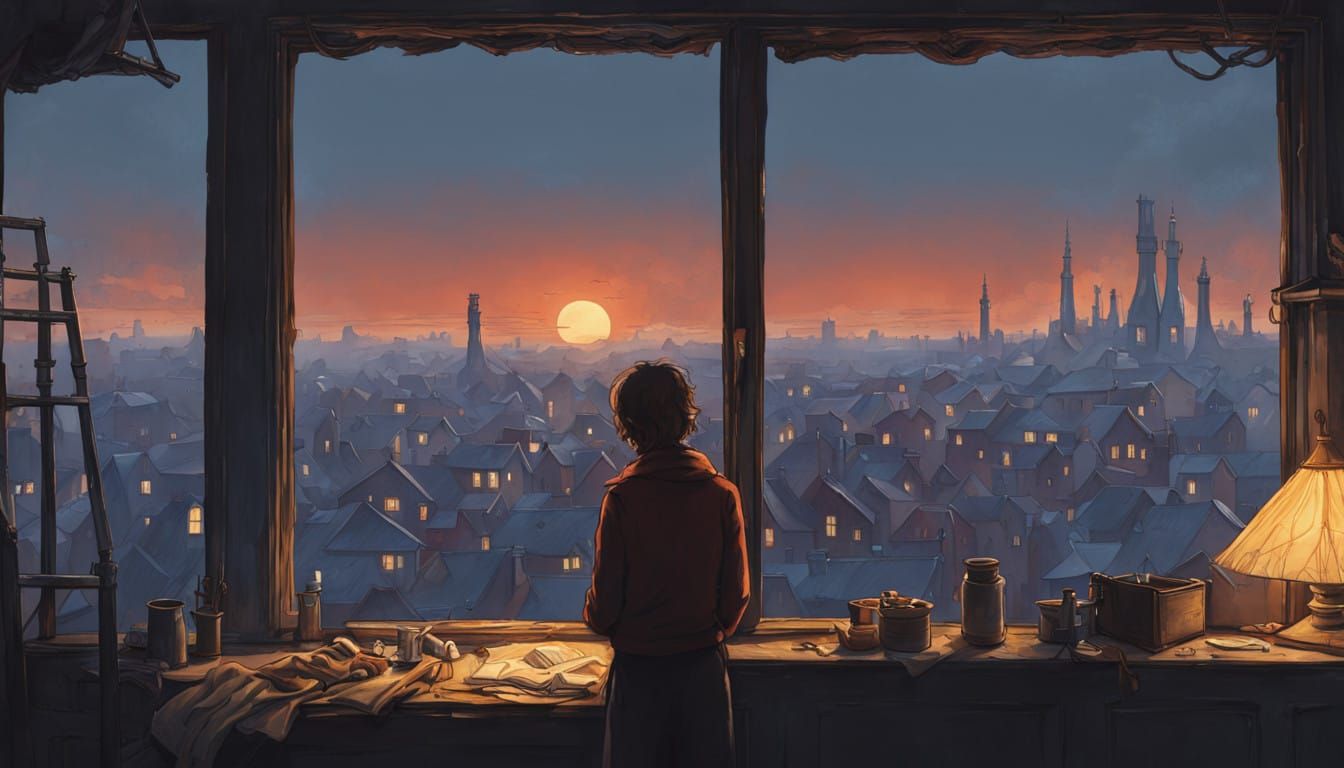 Lone Figure at a Garret Window in Moody, Cinematic Style