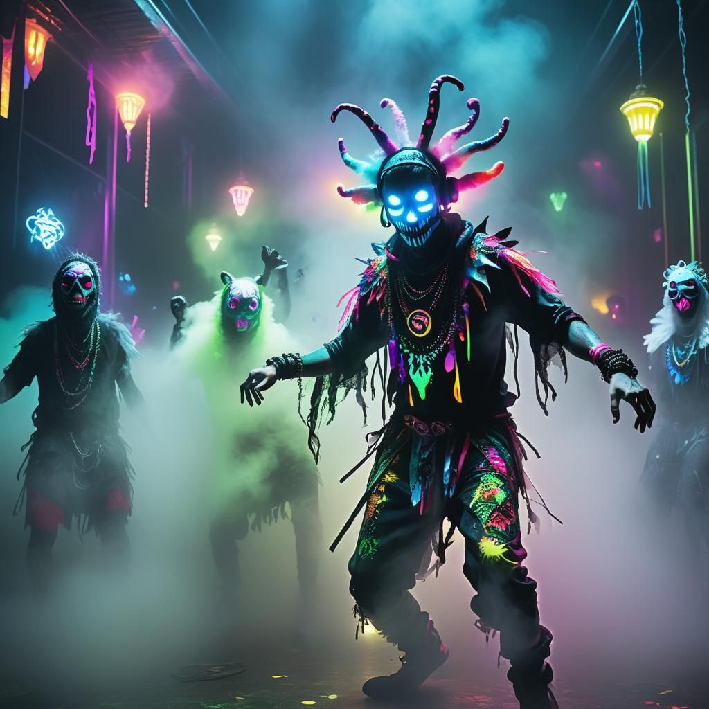 Dark Rave Party with Dancing Creatures in Digital Art Style