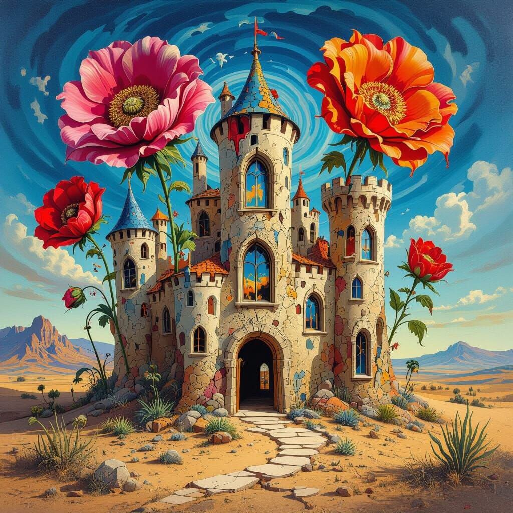 Surreal Abandoned Castle with Giant Flowers in Dalí Style