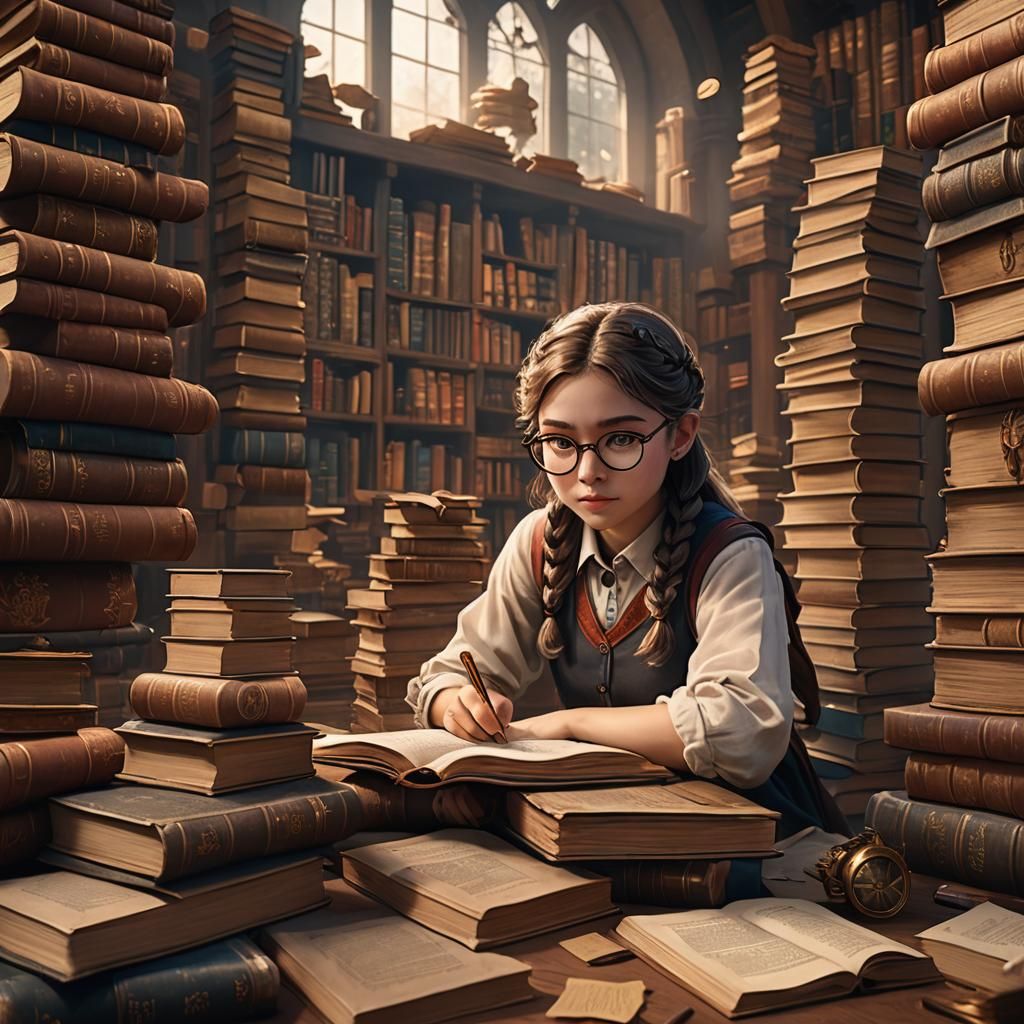 Girl Studying Surrounded by Books, Detailed Matte Painting