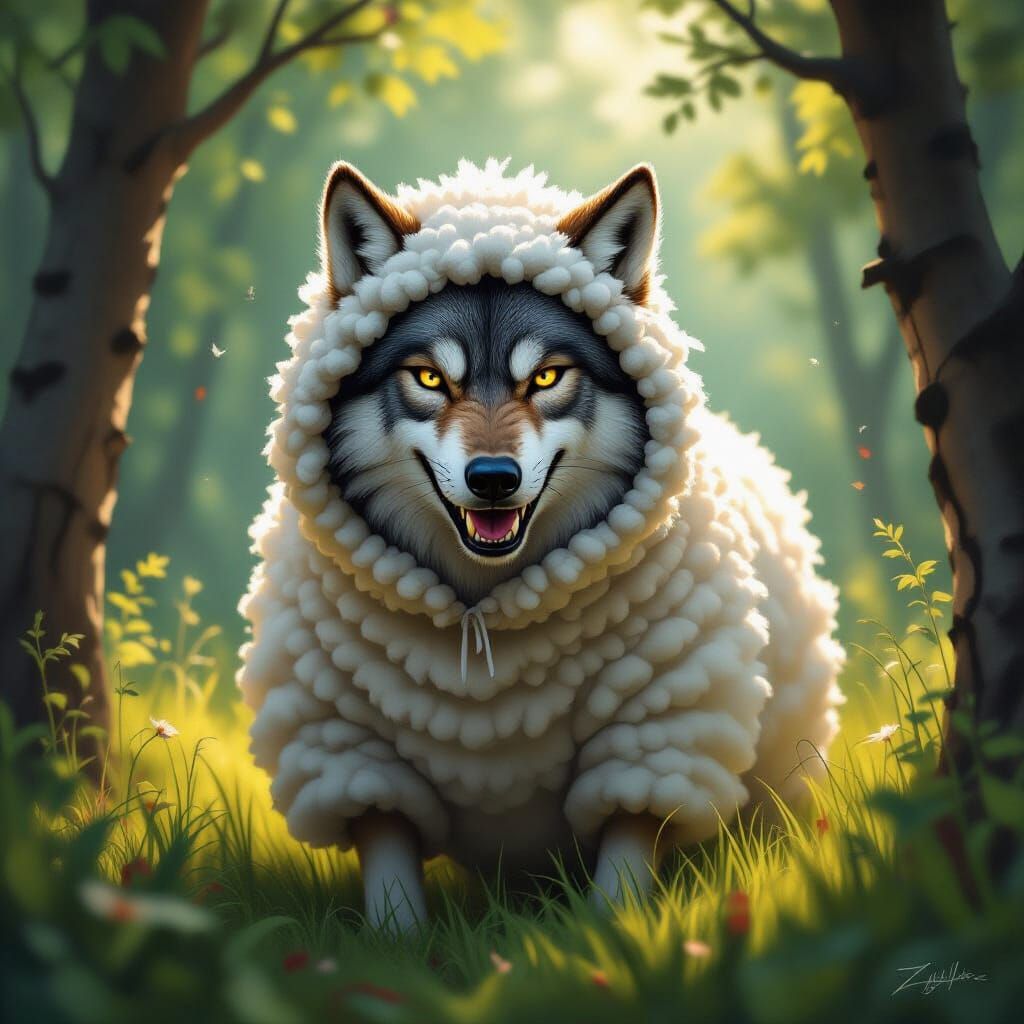 Wolf in Sheep Costume Lurking in Forest