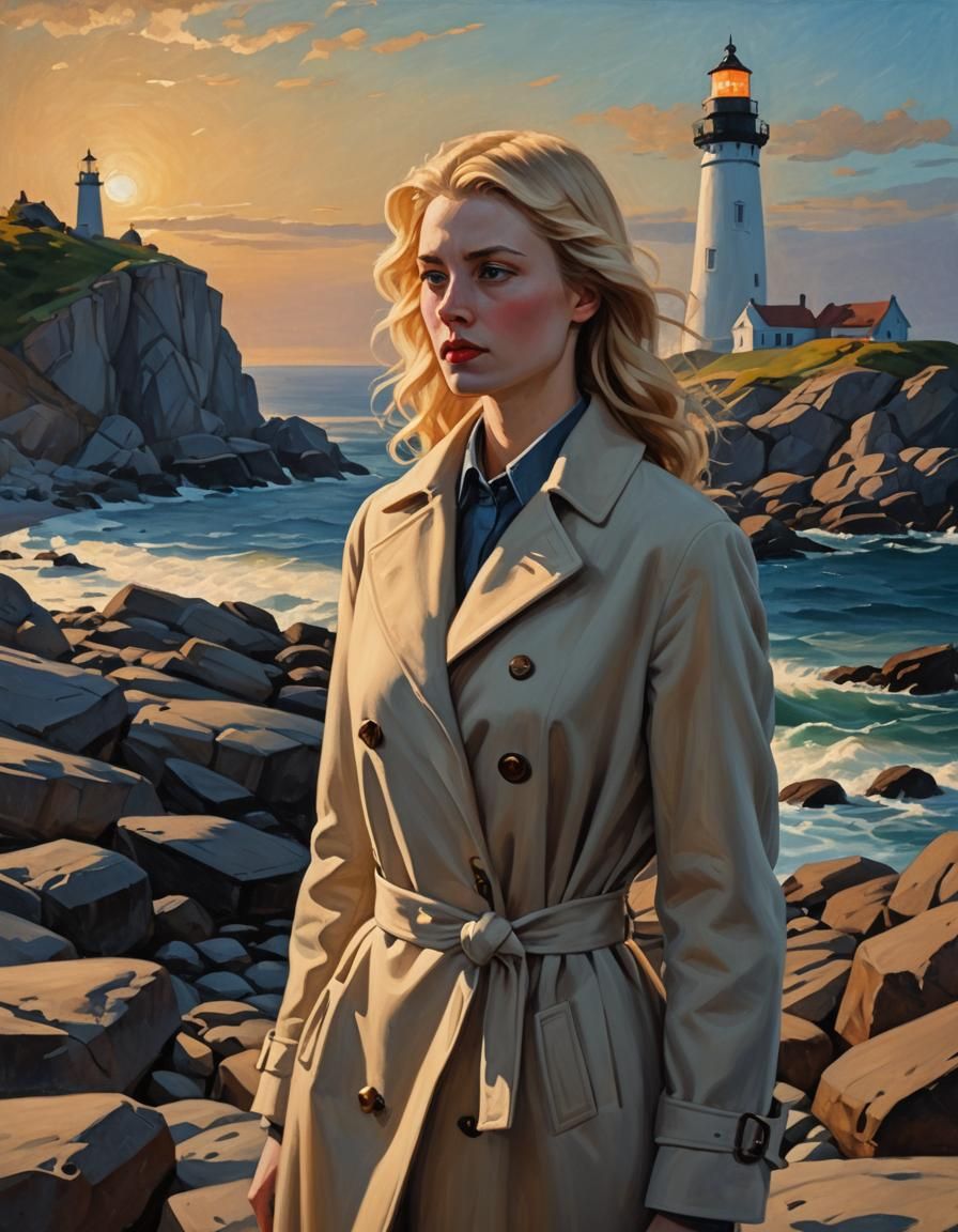 Edward Hopper Style Painting of Woman by Lighthouse